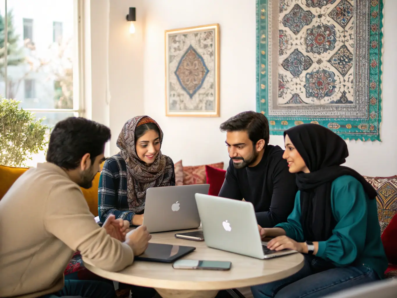 An image showing a group of people from different Arabic-speaking regions collaborating on transcribing voice data, emphasizing the diversity and ethical sourcing of the data.