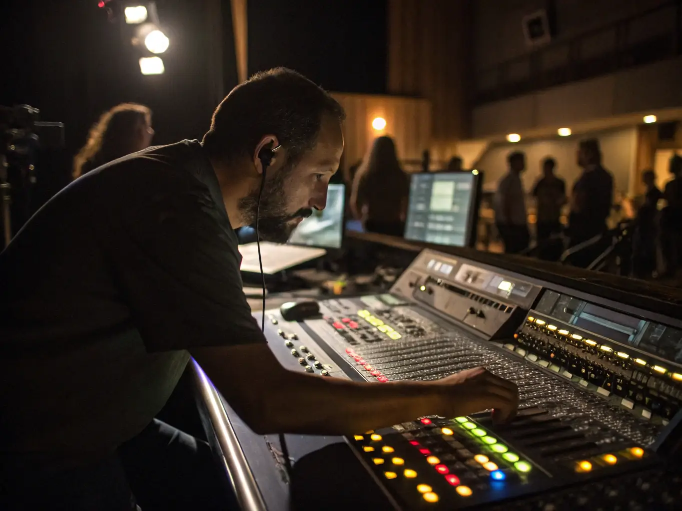 An image depicting a sound engineer in a modern recording studio, overseeing the recording of Arabic speakers, with audio waveforms displayed on a computer screen in the background.
