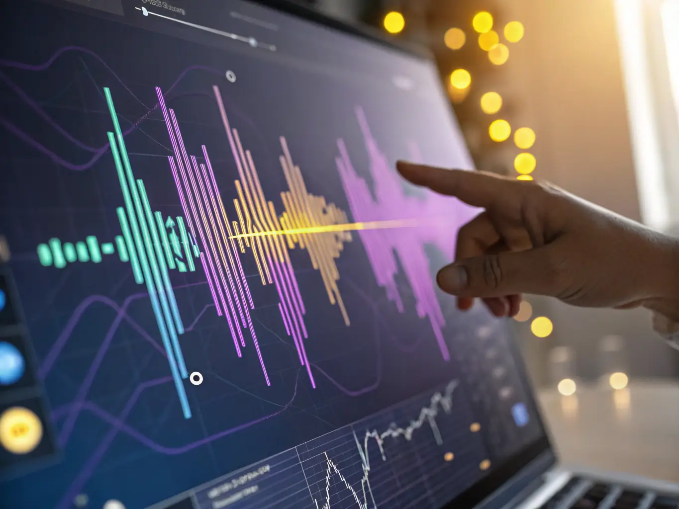 A detailed close-up image of a sound wave visualization, representing the intricacies and nuances of the Egyptian Arabic dialect dataset offered by Bnvox Labs.