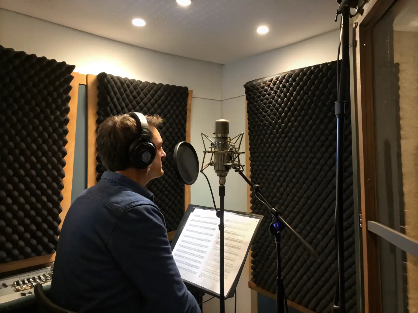 A high-resolution image showcasing a diverse group of people speaking into microphones in a professional recording studio, emphasizing the variety of Arabic dialects captured in Bnvox Labs' datasets.