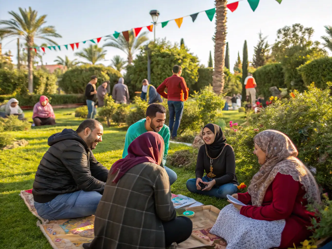 An image depicting a traditional Moroccan setting with people conversing, highlighting the cultural context and authenticity of the Darija dialect dataset provided by Bnvox Labs.